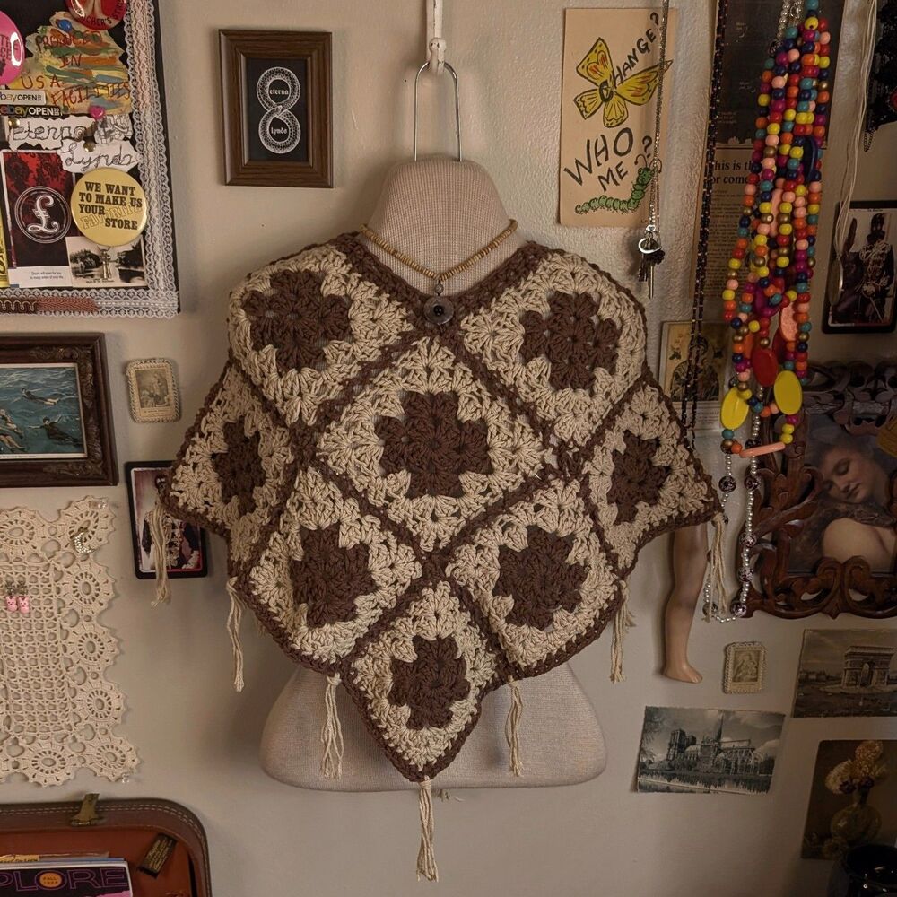 Crochet Granny Square Mini Poncho One Size Brown Beige